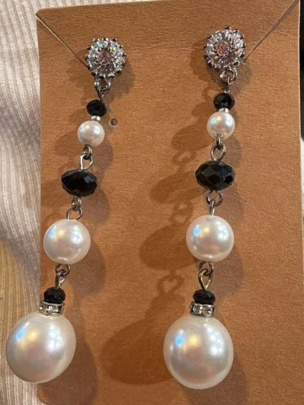 Vintage Faux Pearl and Black Crystal Rhinestone Dangle Drop Earrings
